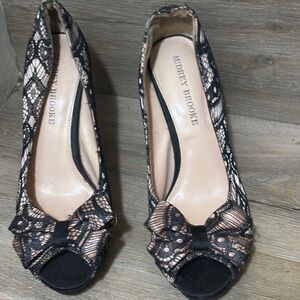 Audrey Brooke Black Lace Peep-Toe Heels with Nude Underlay